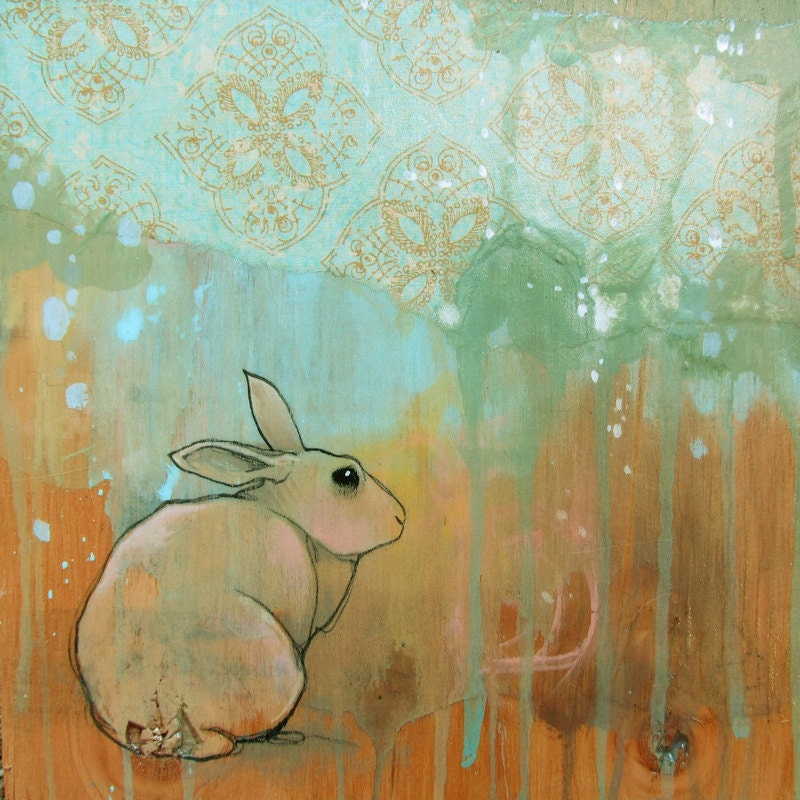 16"x16" limited edition fine art rabbit print.  reproduction on wood with resin. Blue rabbit wall print