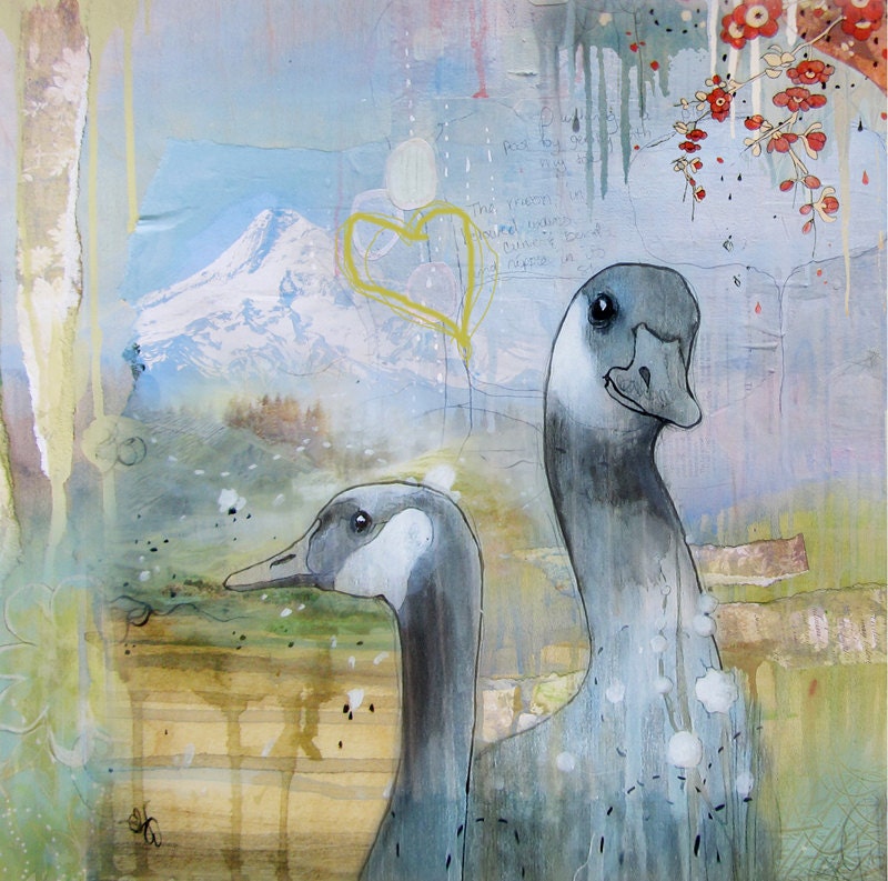 6"x6" limited edition Mount Hood print.  reproduction on wood with resin.  Oregon geese fine art wall print