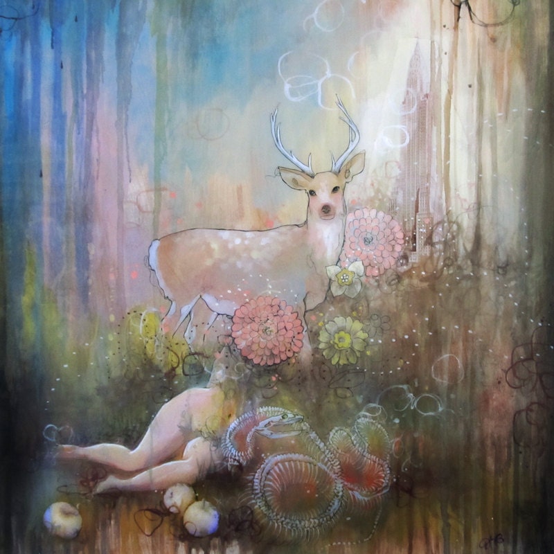 Large Original deer floral nature painting.  24"x24", on wood with resin.