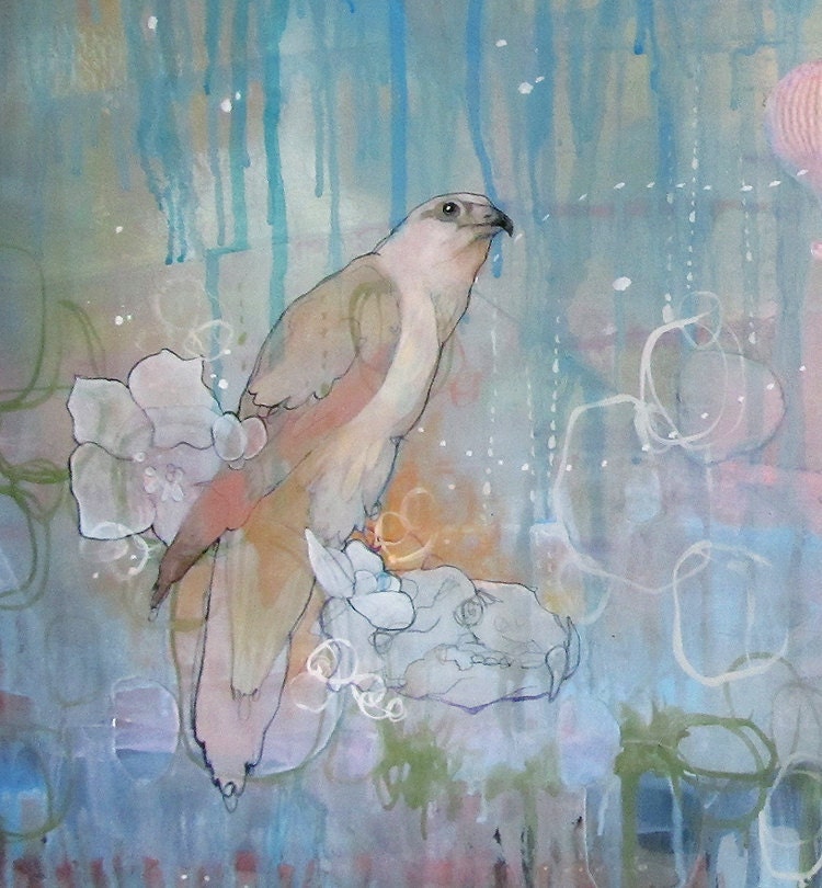limited edition fine art hawk orchid print mounted on wood with resin. Reproduction of original mixed media bird landscape painting
