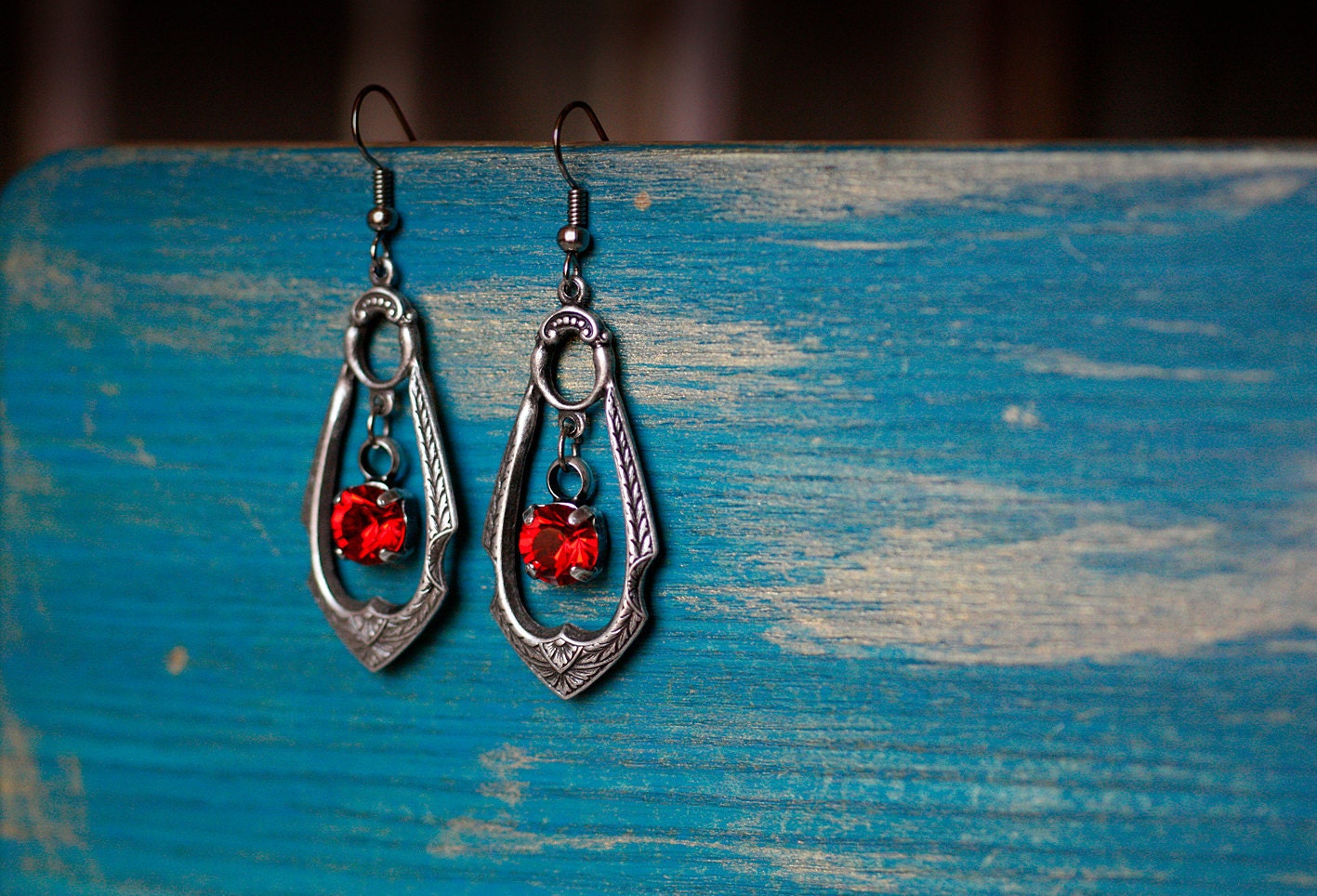 Unique gothic earrings with red swarovski