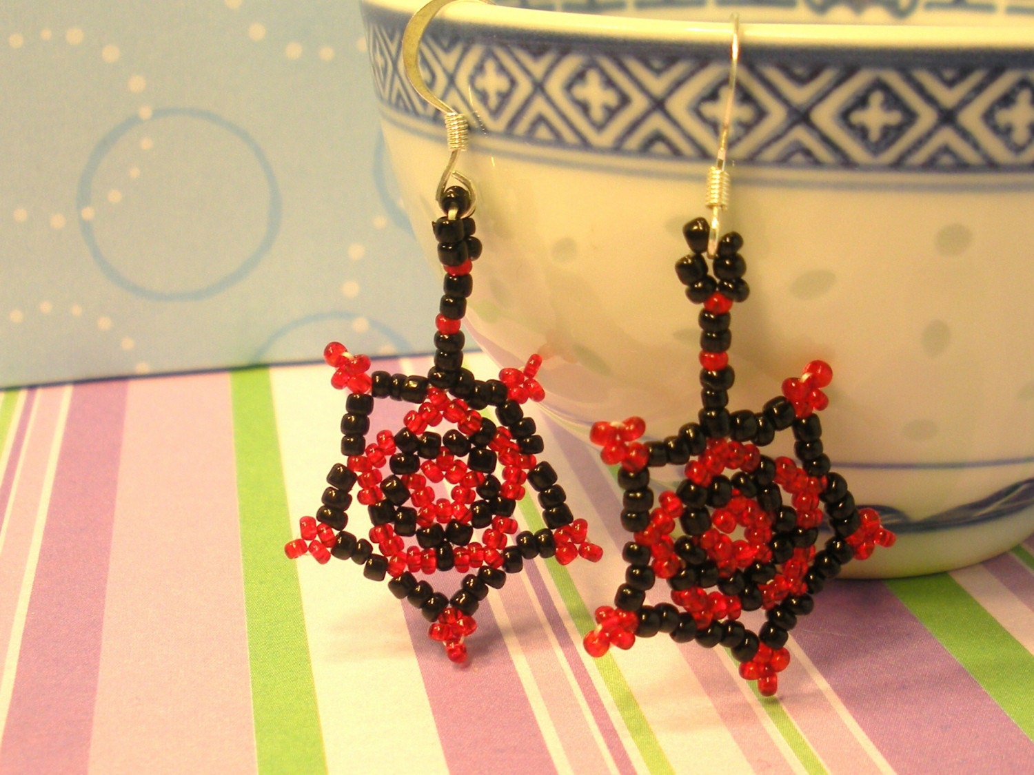 Black and Red Beaded Earrings Snowflake Spiderweb