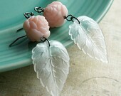 Pink Rose Earrings, Frosted Leaves