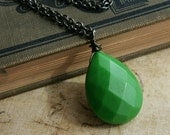 Green Glass Drop on Gunmetal Chain, Envy Necklace