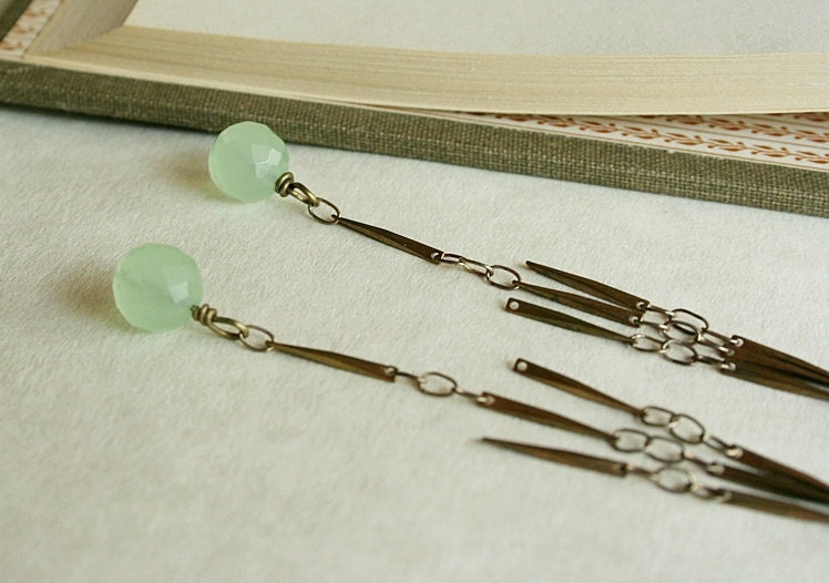 Pale Green Brass Bar Chain Long Fringe Earrings