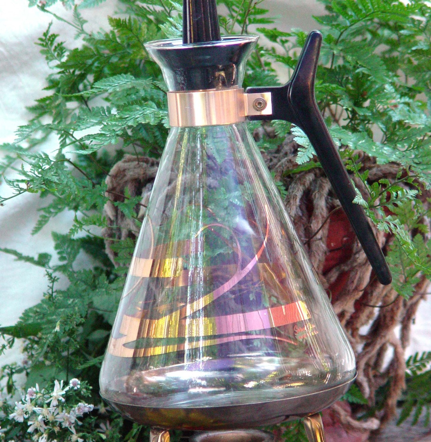Atomic Coffee Carafe Warming Stand  Inland Glass Gold And Black Vintage Mid Century Kitchen Serving 1960s