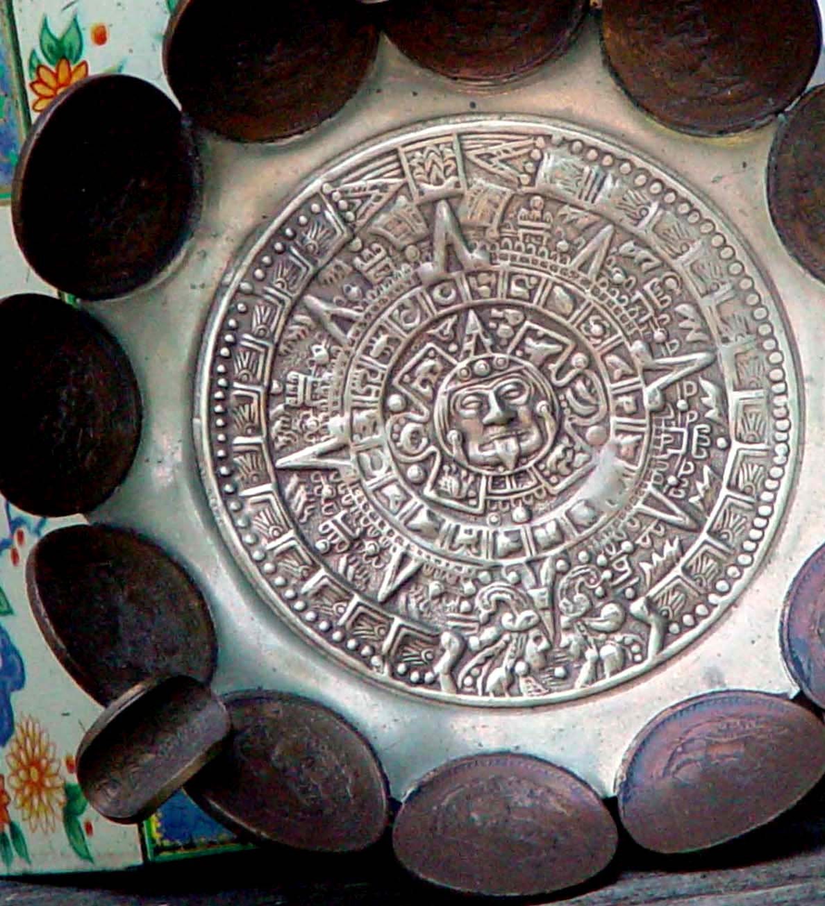 Copper Peso Coin Aztec Doomsday Calendar Vintage Ashtray Handmade In Mexico