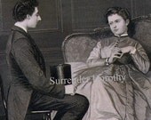 Bashful Wooer Victorian Couple Engagement Courtship Fashion 1879 Original Antique Engraving To Frame