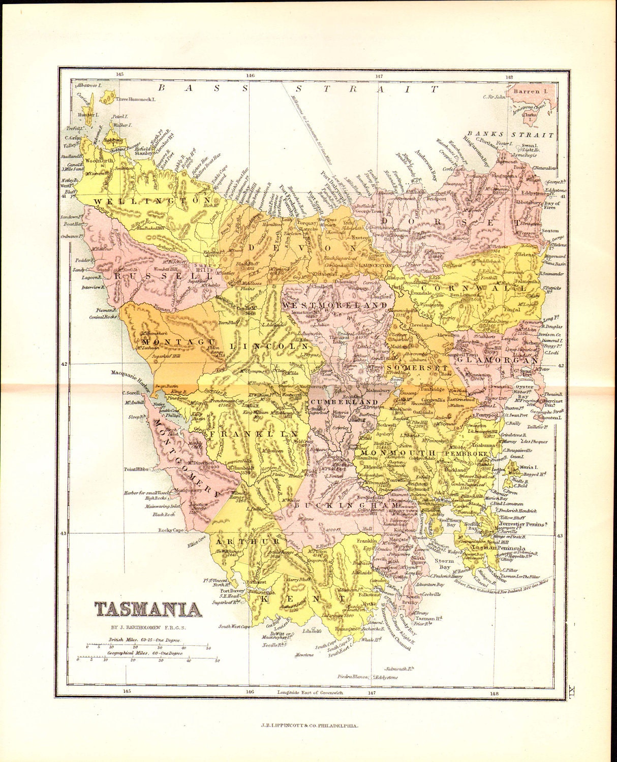 Tasmania Australia Map 1871 Vintage Victorian Lippencott Antique Copper Engraving Oceania Cartography To Frame