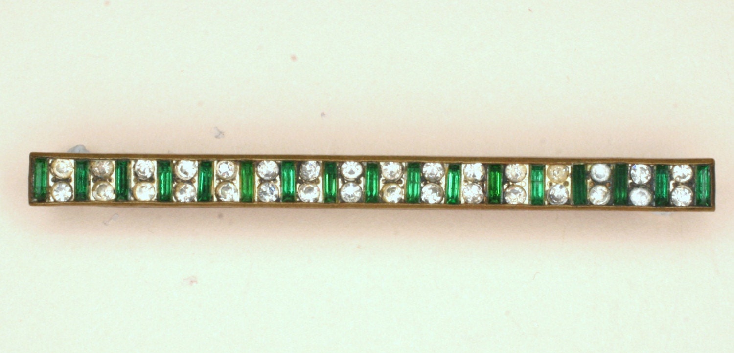 Early 1900s ART DECO BRASS Bar Pin with Green and Clear RHINEStones