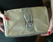 1980s Taupe HALSTON DESIGNER Leather Clutch Bag w/Buckle Motif