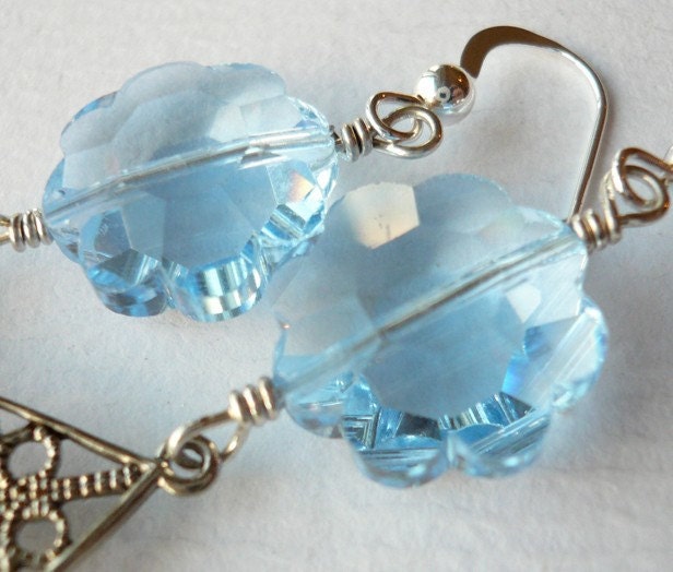 SALE Vintage Blue Swarovski Crystal Flower and Silver Filigree Earrings