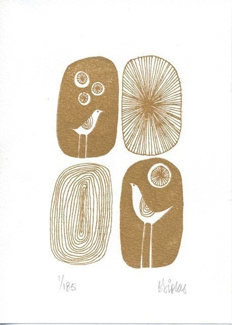 Metallic Gold Starburst Birds Original Art LIMITED EDITION Screenprint (Gocco A5 size) Inspired By Mid Century Modernism