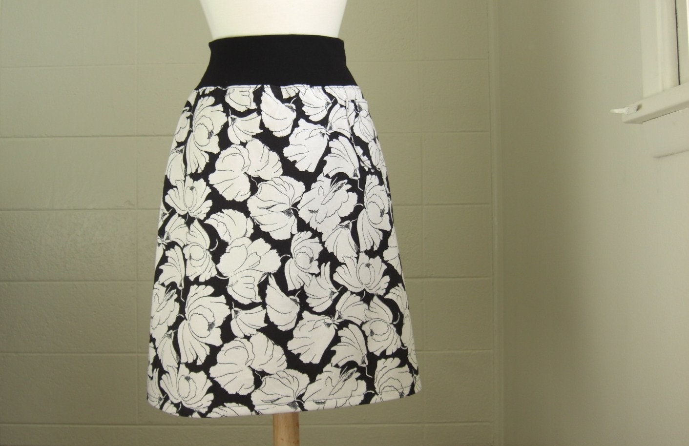 Womens Floral Print Skirt - Black and White Aline with a pocket - Ready to Ship size SMALL