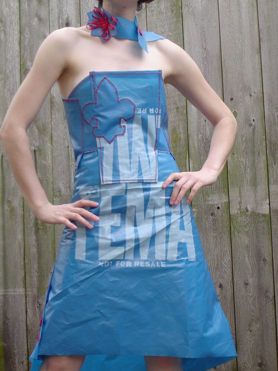 Recycled FEMA Blue Tarp Bustier and Skirt with Flower Choker