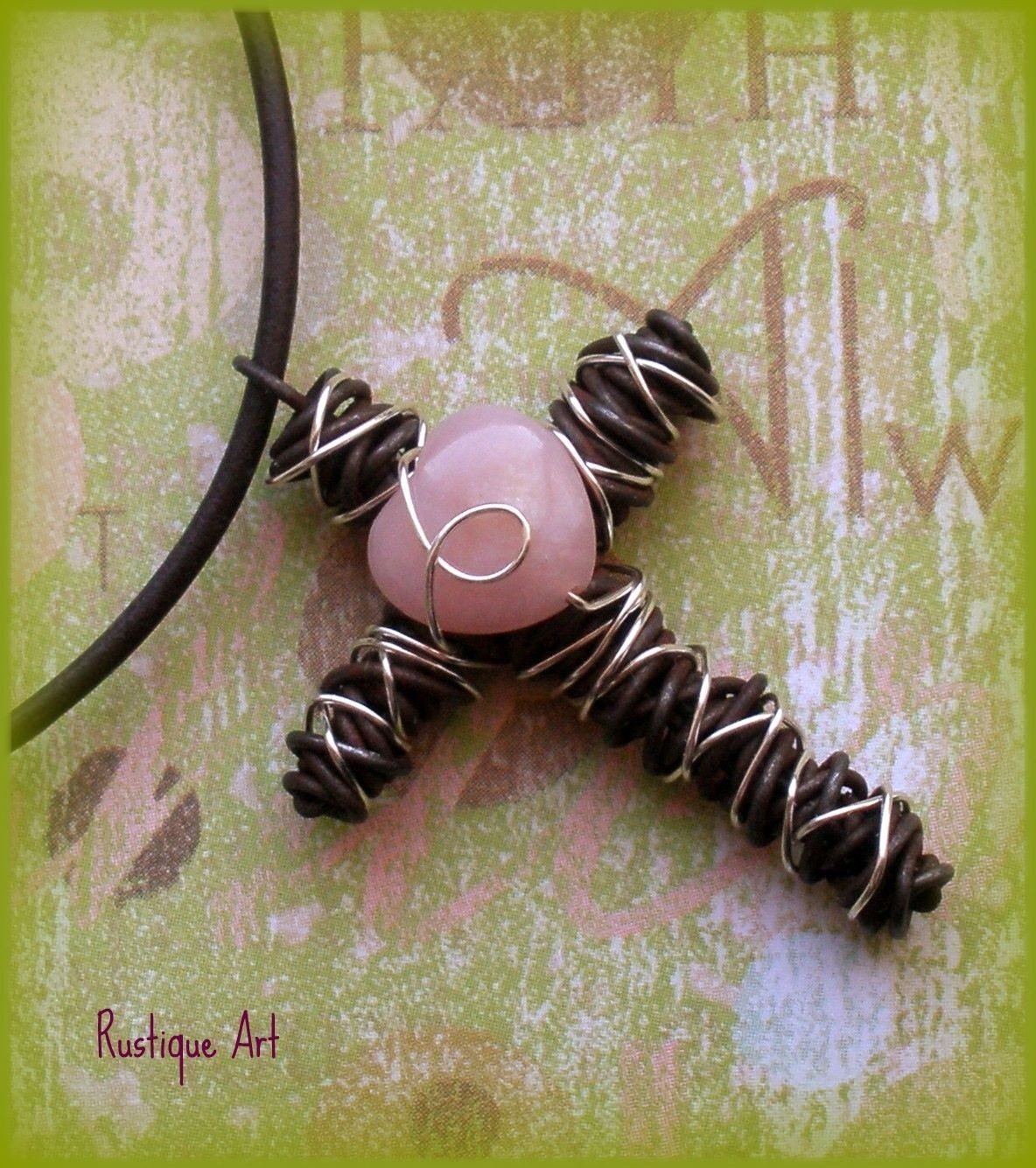 Wire Cross Pendant Necklace w. Pink Opal Heart