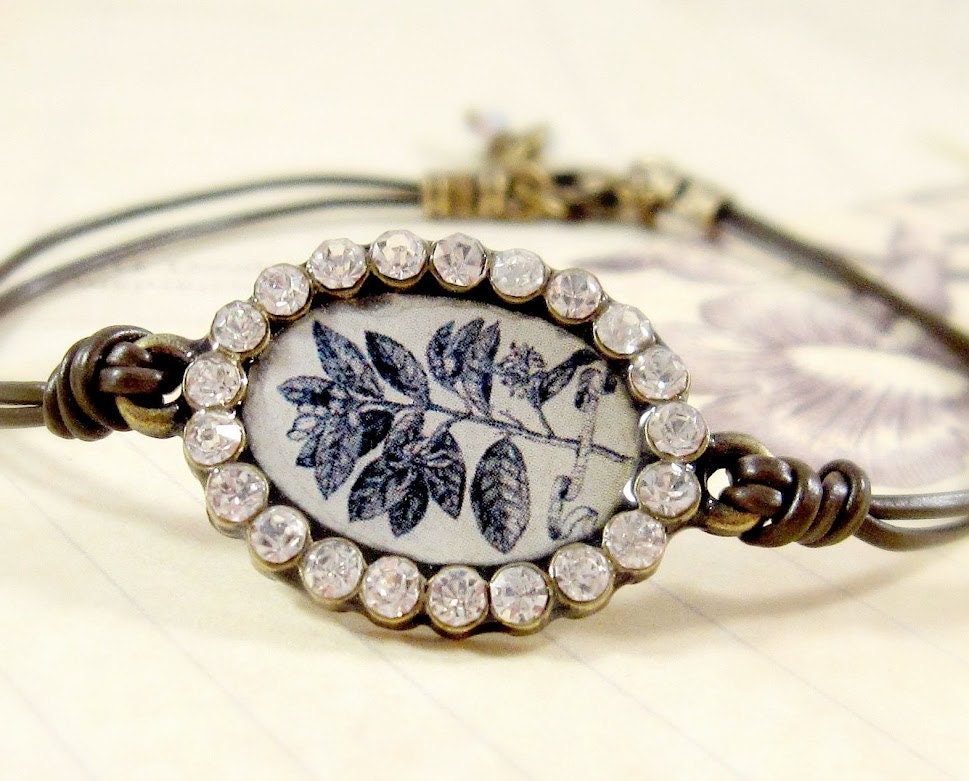Leather Bracelet : Botanical Charm, Bohemian Leather Stacking Bracelet
