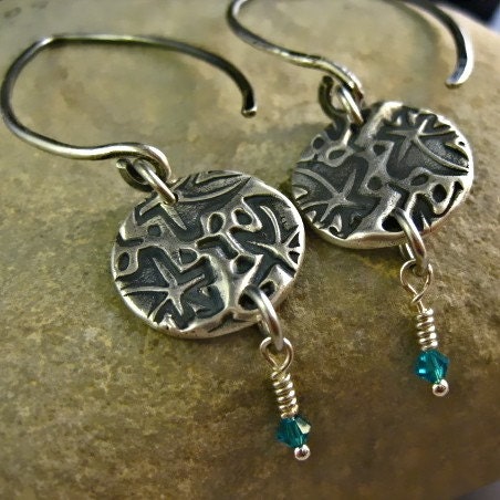 Star Gaze Fine Silver Earrings Crystal wire Wrap Blue