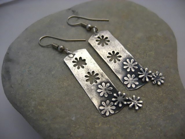 OOPS SALE Positive and Negitive Flower Fine Silver PMC Precious Metal Clay Earrings punch