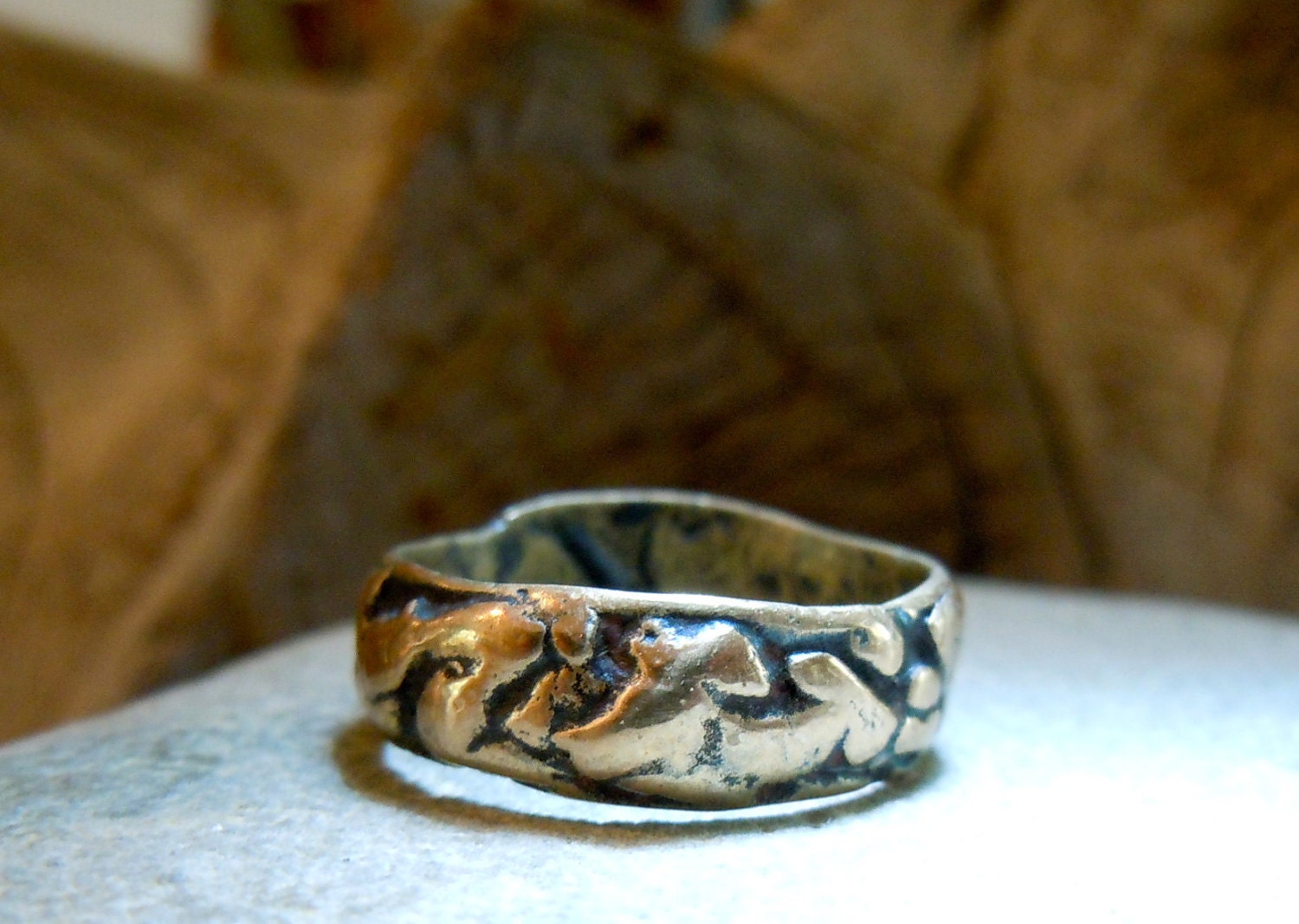 Bronze Precious Metal Ring Band Layered Natural Irregular Edges Unisex Mens Lady