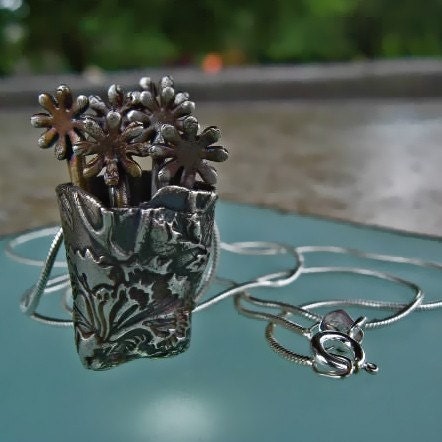 Sculpture Flower Vase Fine Silver Necklace Pendant