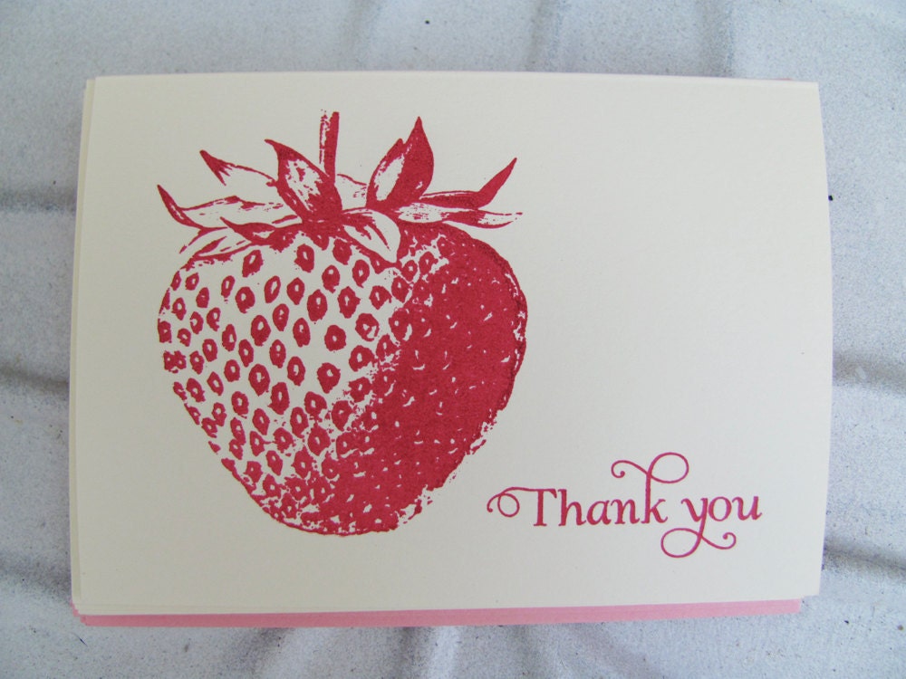 5 pack : strawberry - Gocco screenprinted thank you cards