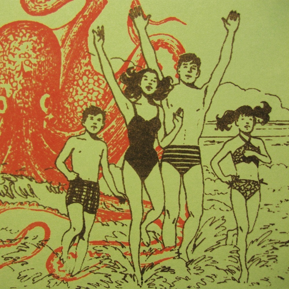 Octopus Beach Party- Print Gocco screenprinted folded card