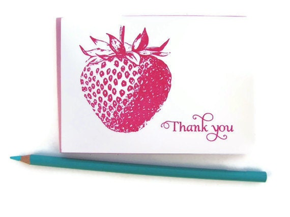 10 pack : strawberry - gocco screenprinted thank you cards