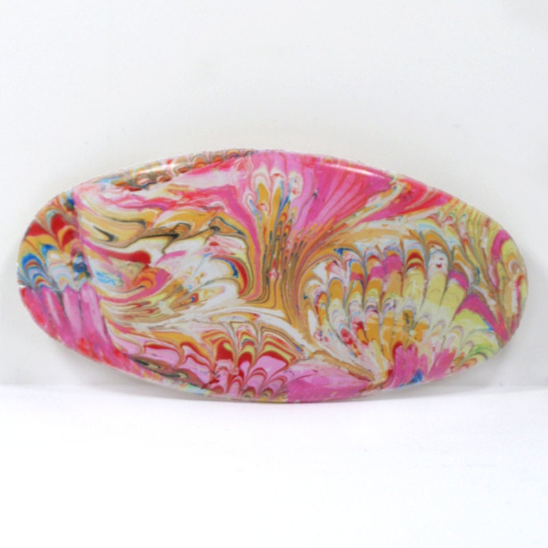 Oval Marbled Barrette "Pink Sunrise" Pink and Yellow Hand Marbled Hair Accessory