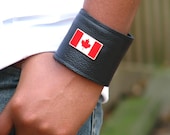 Leather Wrist Wallet Cuff  for Women and Men -- O Canada Wristband with Secret Pocket -- Black