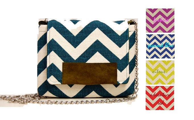 MAROL Cross body in teal and cream chevron with olive green leather