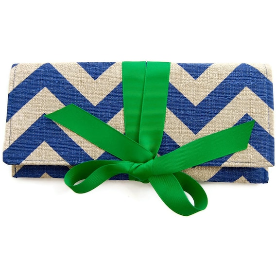 SALE Peacock blue chevron clutch with emerald green bow. The ALEXIS Clutch.