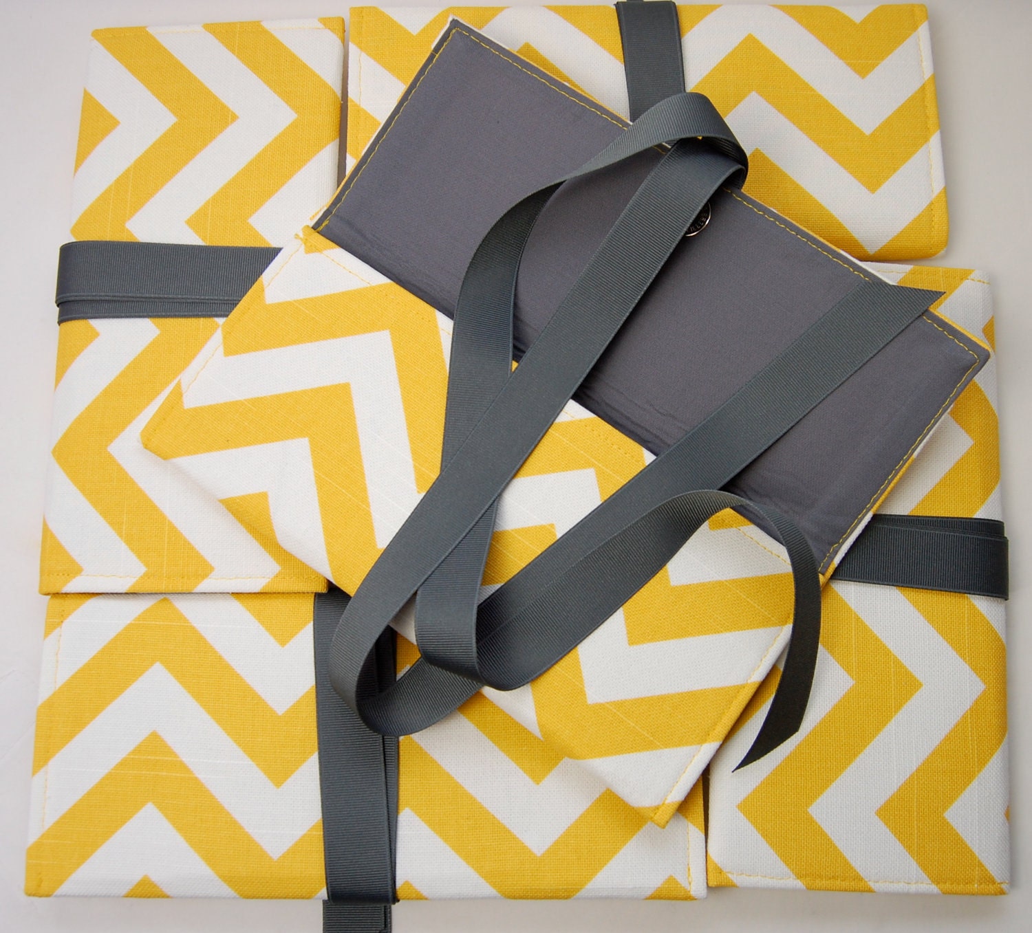 Yellow chevron bridesmaid clutches with gray. Custom colors available.
