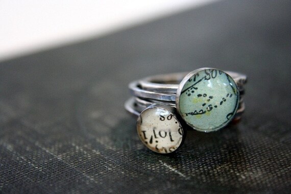 turquoise stack rings - maps and vintage dictionary