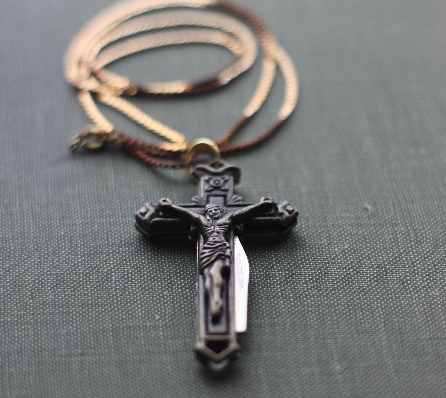 Pocket Knife Necklace Crucifix Cross Brass Religious Symbol