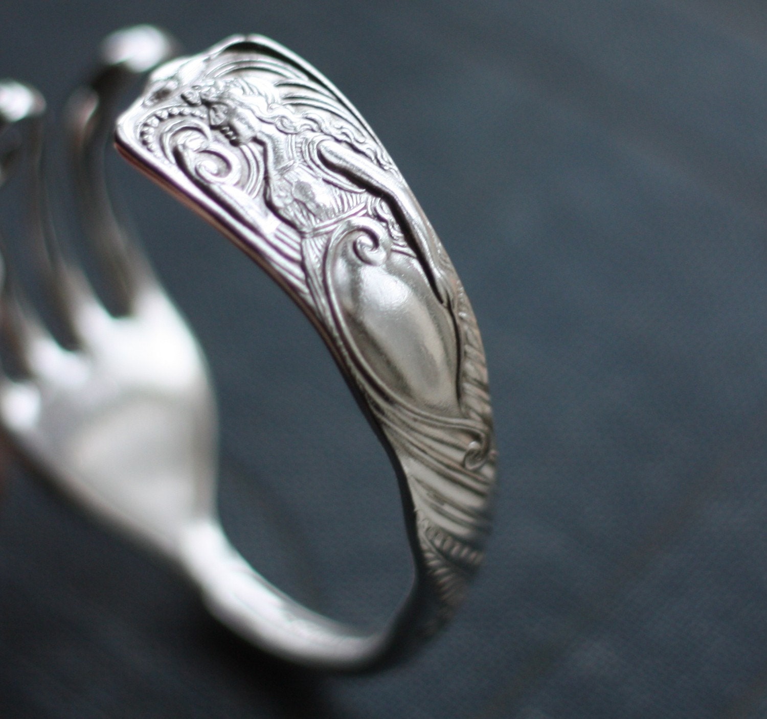 La Sirena - Antique Silverplate Siren Pattern Fork Bracelet