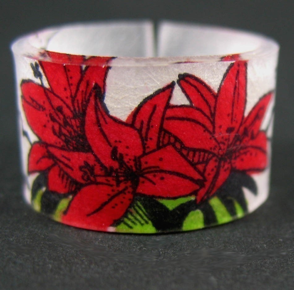 Red Lily Ring, Handmade Plastic Ring