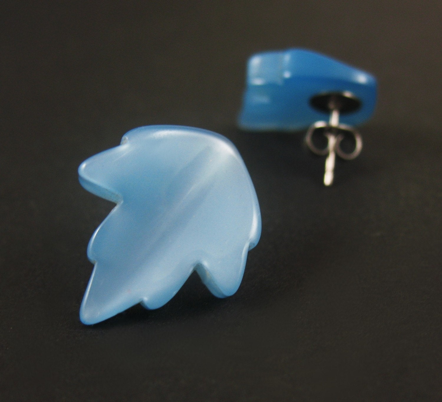Sky Blue Pearlescent Leaves, Vintage Flower Earrings