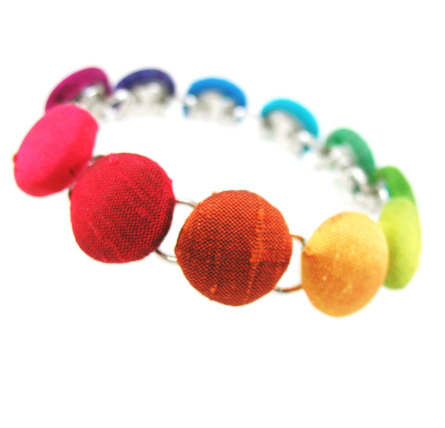 Rainbow Fabric Covered Button Bracelet,  Silk Bracelet