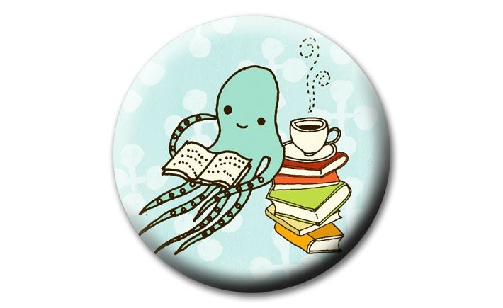 Reading OCTOPUS pocket mirror by boygirlparty, squid reading books and drinking tea - cute octopus mirror