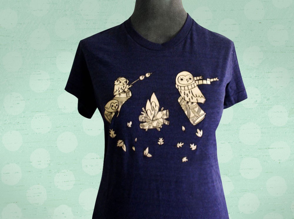 CAMPFIRE OWLS shirt (indigo blue), soft vintage-style t-shirt, cute owl artwork, many sizes available