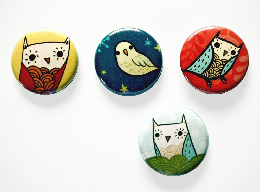 OWLS button badges by boygirlparty - retro bird owl pin, illustrated pinback button pin set