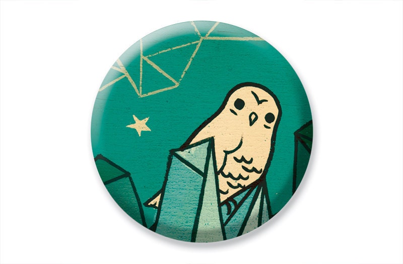 prism OWL mirror by boygirlparty - green star snowy owl, white owl pocket mirror, original illustration