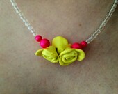 Neon Yellow Rosettes, Neon Pink and Clear Glass Beaded Necklace