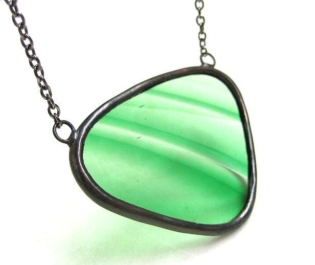 SALE - Green streaks soldered stained glass necklace  (1388)