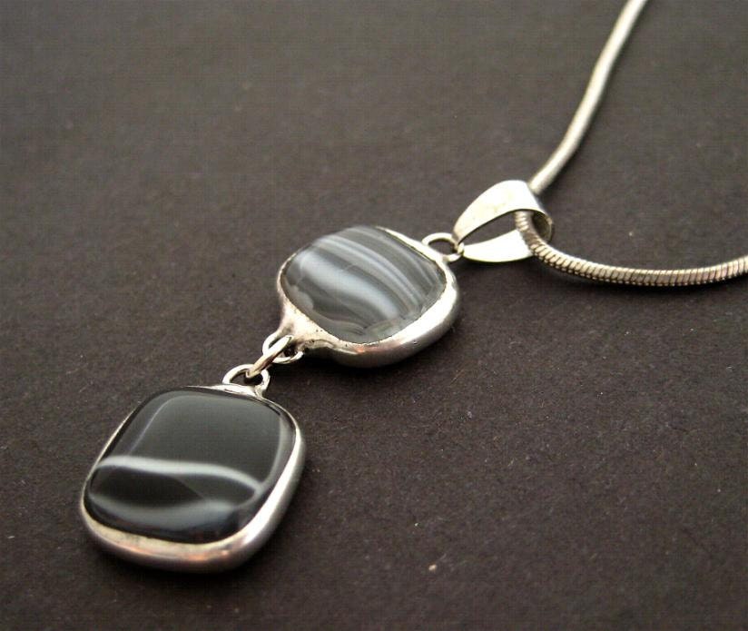 Fused glass pendant - black white streaks (1412)