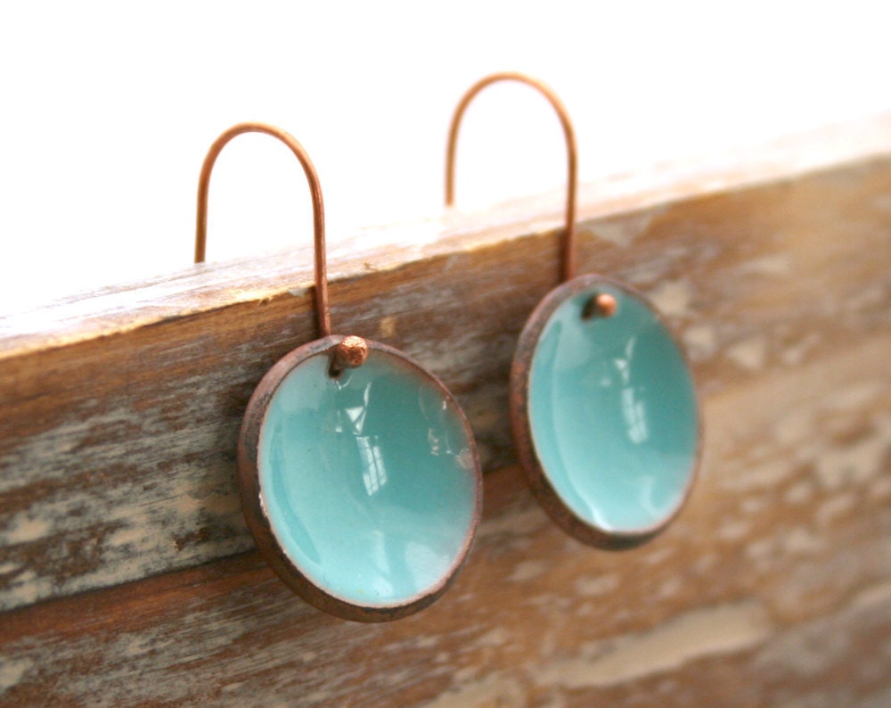 Enameled lucky penny earrings, Robin's Egg.