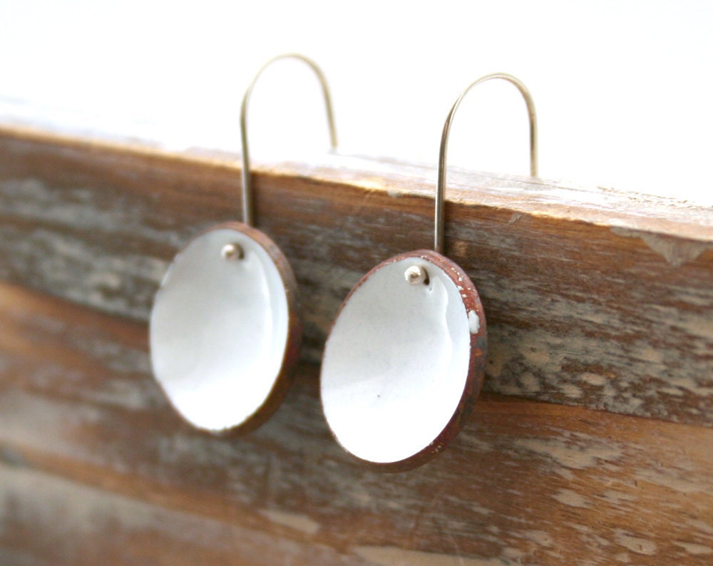 Enameled lucky penny earrings, Titanium.