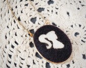 Needle Felted Cameo Necklace - Silhouette Pendant - Oval - Ponytail Girl - Modern Victorian