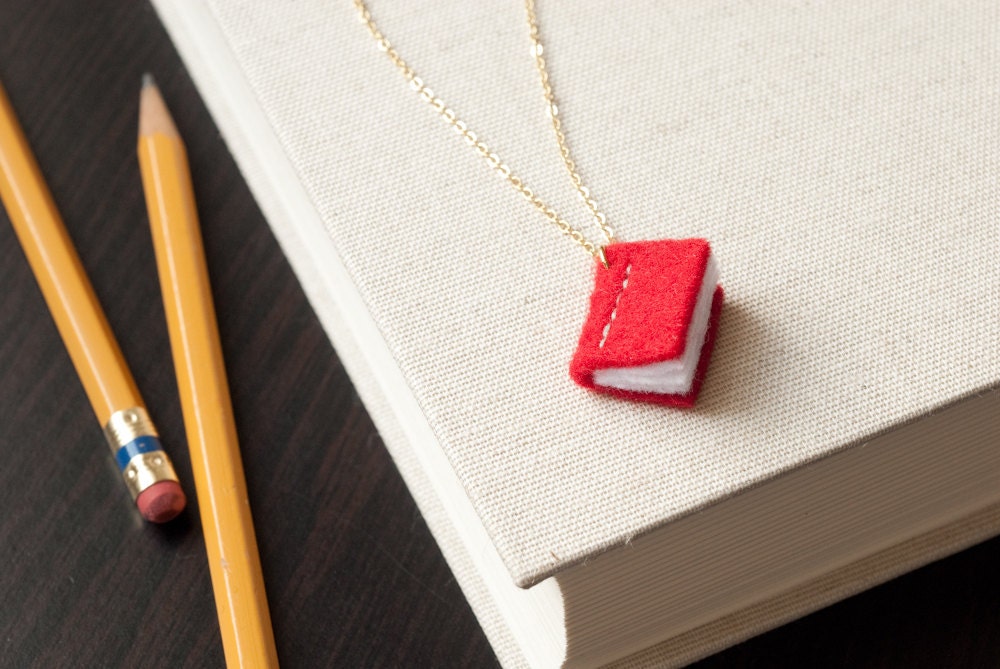 Book Pendant - Red - Eco Felt - Fiber Necklace - Vegan